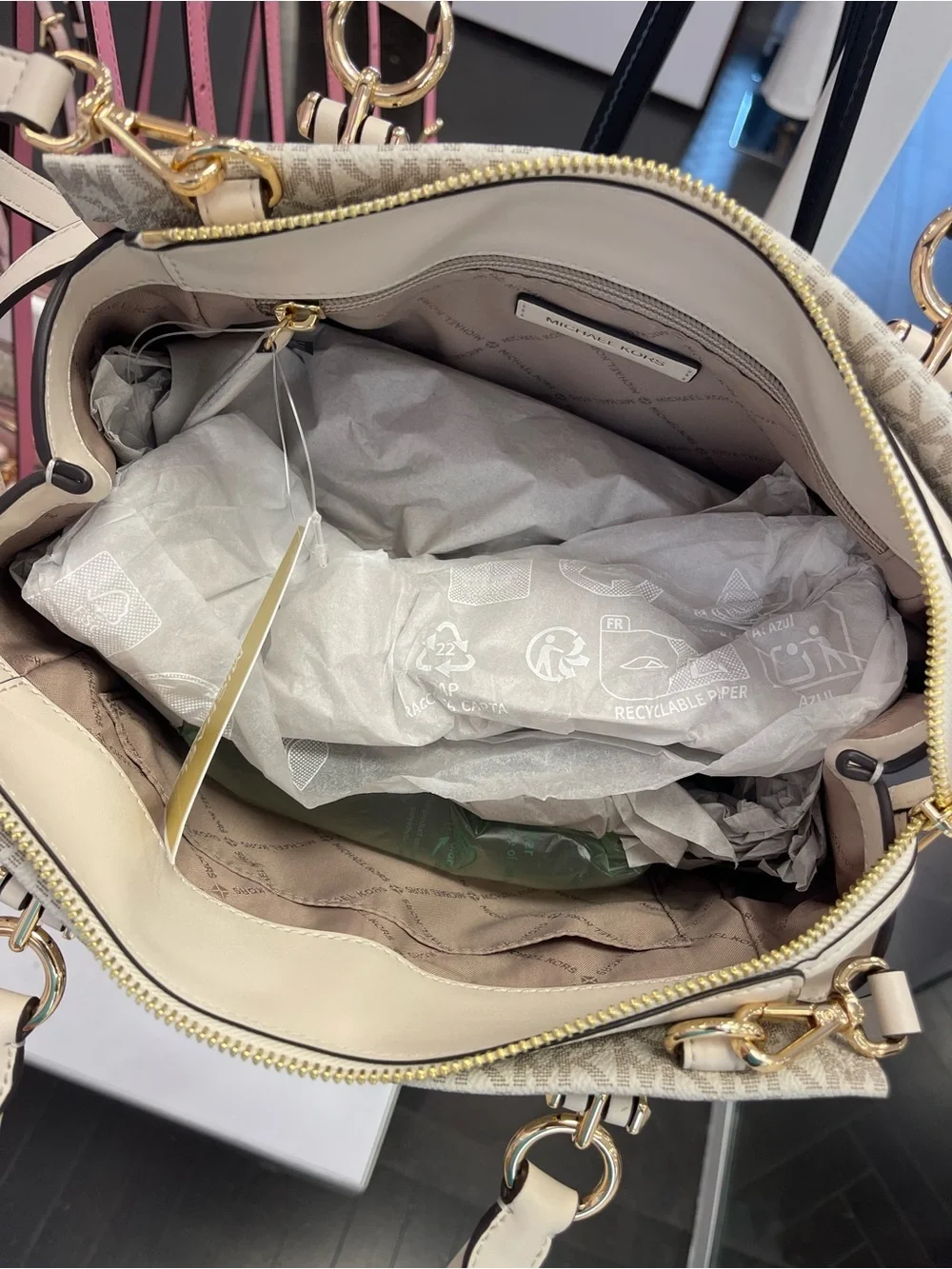 Michael Kors Marilyn Medium Embellished Signature Logo Satchel Light Cream  NWT
